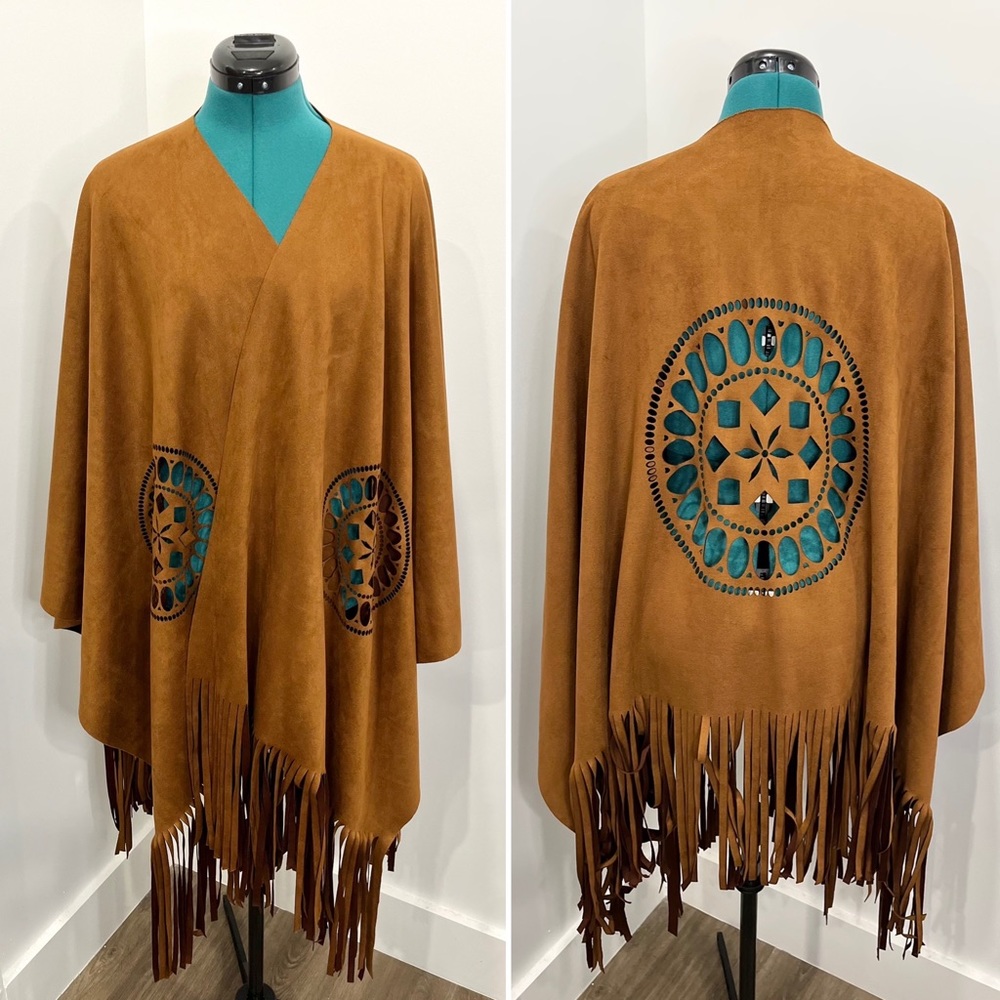 Brown Suede Decorative Cutout Festival Poncho Wrap with Fringe